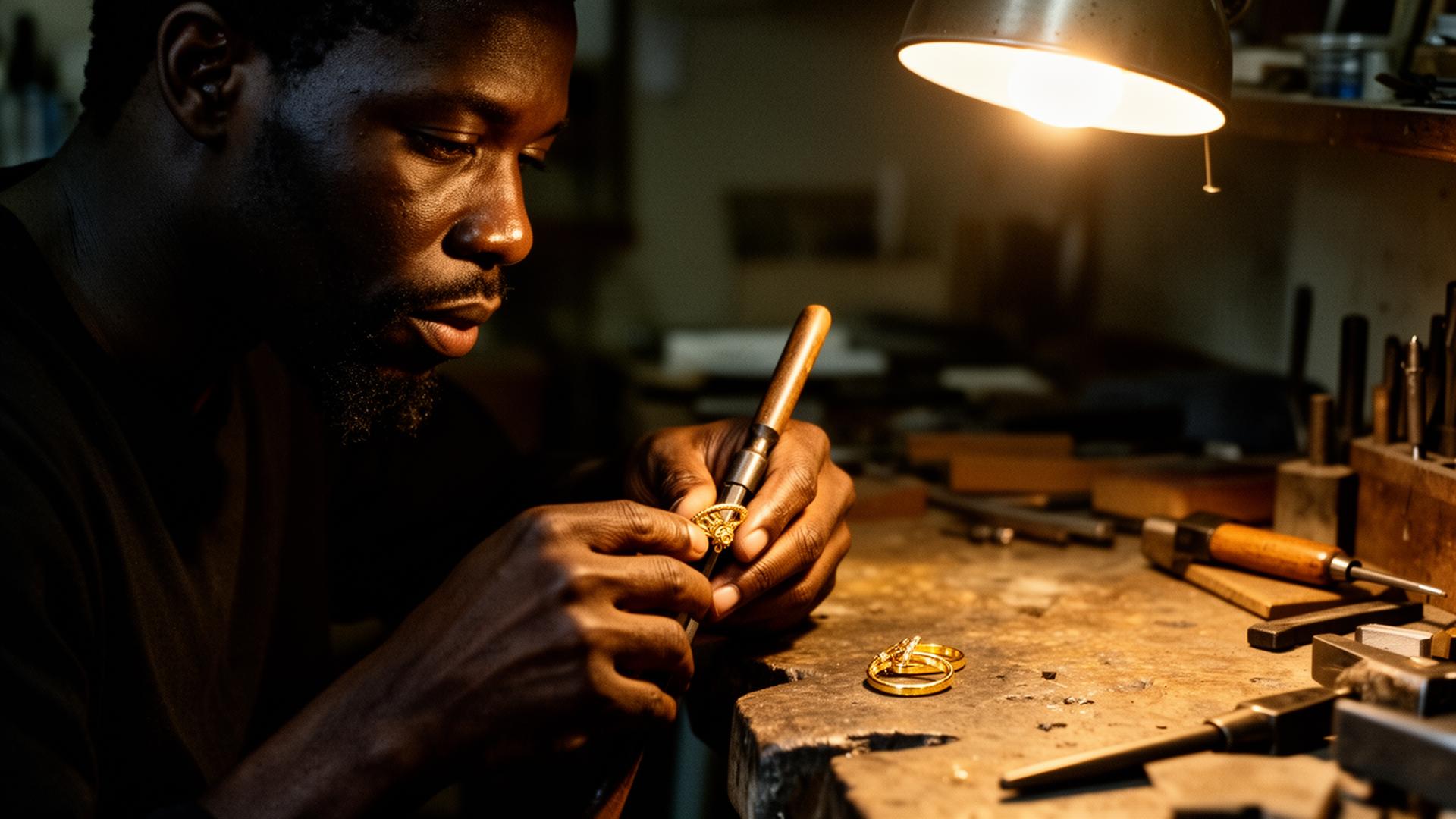 Jeweler's hands at work in dim atelier